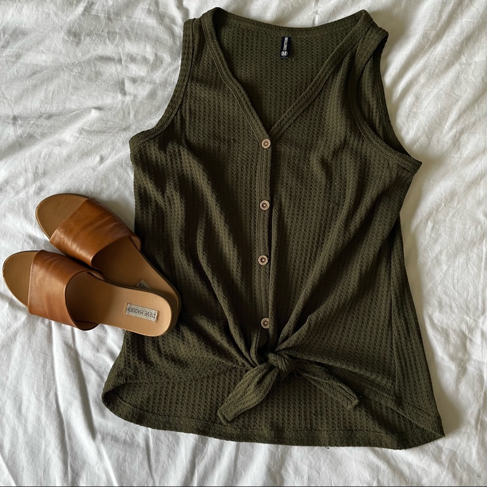 Waffle Knit Button Up Tie Front Blouse Tank Top